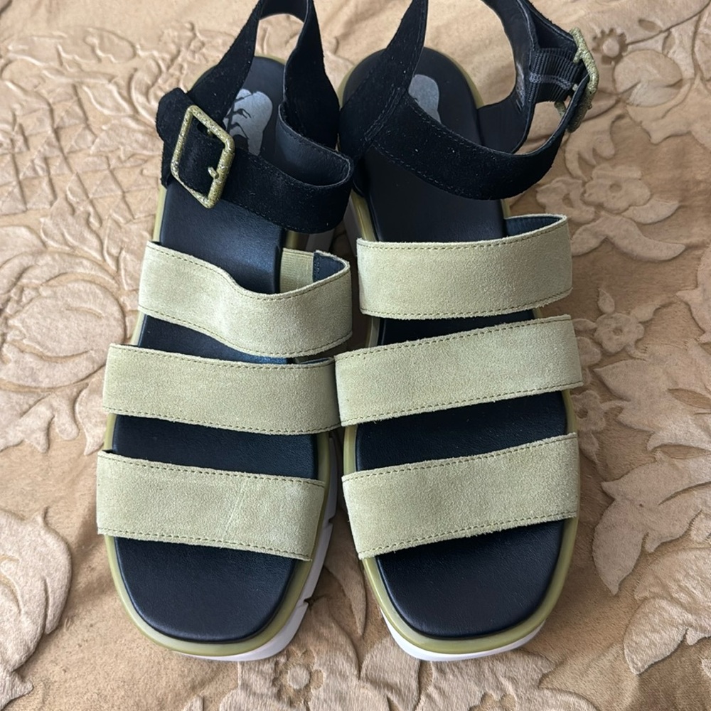 New SOREL Joanie III Ankle Strap Platform Wedge Sandals green suede - Picture 2 of 7